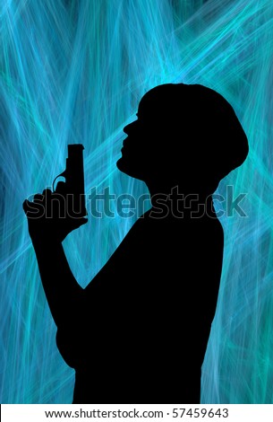 woman blowing the smoke off the tip of her gun barrel