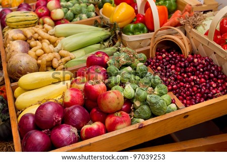 large group of fall harvest vegetables including corn and apples