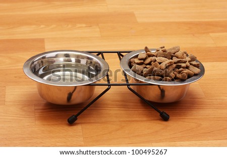 dry dog food and water in metal bowls on the floor