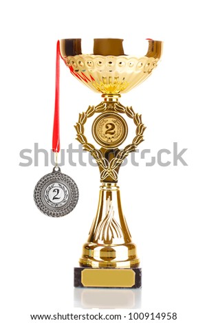 Trophy cup and medal isolated on white