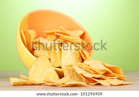 tasty potato chips in yellow  bowl on wooden table on green background