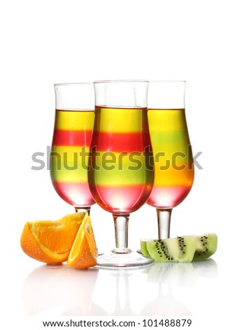 fruit jelly in glasses and fruits isolated on white
