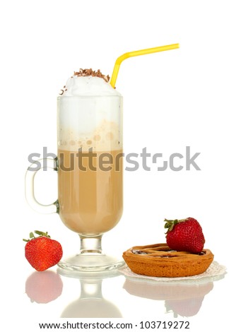glass of coffee cocktail with tart on doily and strawberry isolated on white