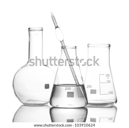 One flask with water and two empty flasks with reflection isolated on white