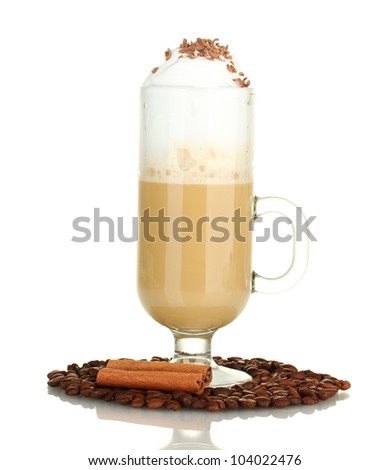 glass of coffee cocktail with coffee beans and cinnamon isolated on white
