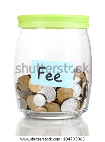 Glass bank for tips with money isolated on white