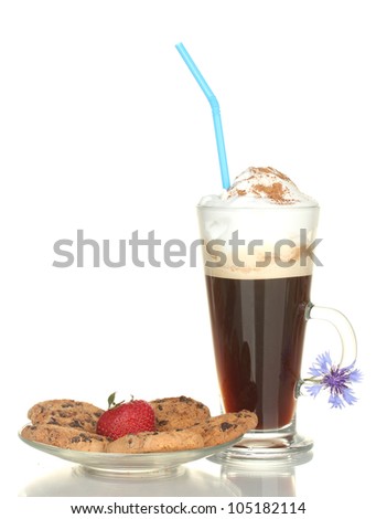 glass of coffee cocktail with tart on doily, strawberry and flower isolated on white