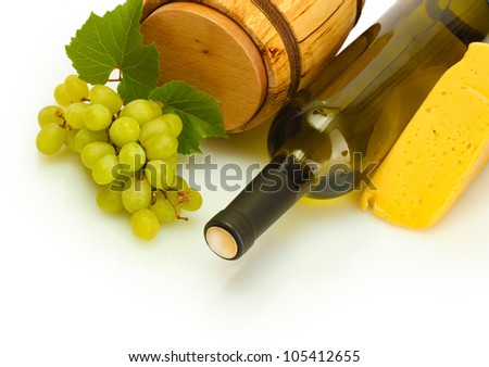 barrel and bottle of wine, cheese and ripe grapes isolated on white