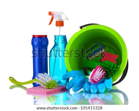 Composition of cleaning products with a bucket isolated on white