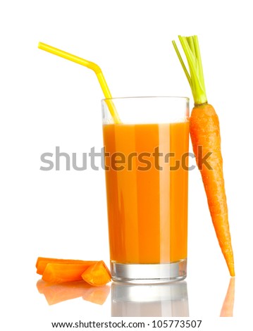 glass of carrot juice and fresh carrot isolated on white