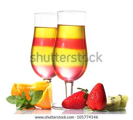 fruit jelly in glasses and fruits isolated on white