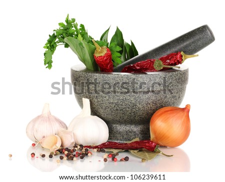 Set of ingredients and spice for cooking isolated on white