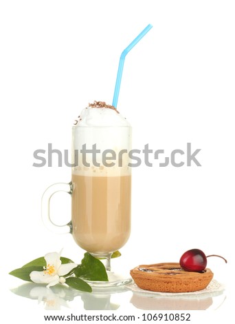 glass of coffee cocktail with tart on doily and flower isolated on white