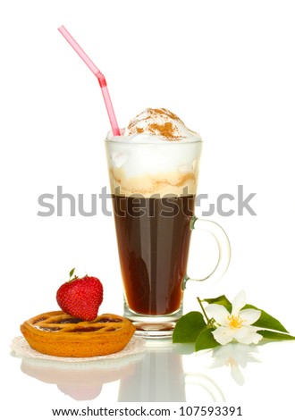 glass of coffee cocktail with tart on doily, strawberry and flower isolated on white