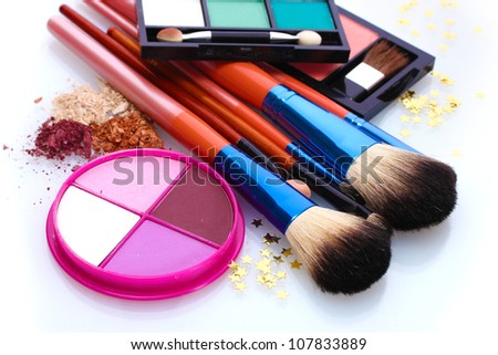 Makeup Brush Holder on Make Up Brushes In Holder And Cosmetics Isolated On White Stock Photo