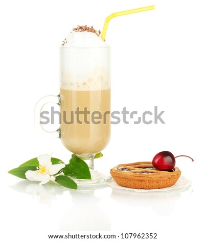 glass of coffee cocktail with tart on doily and flower isolated on white