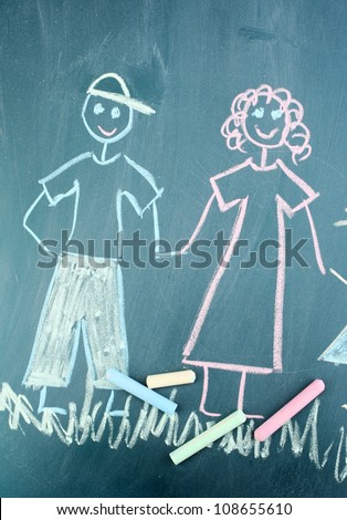 Happy family, child\'s drawing with chalk