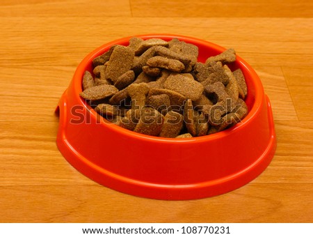 dry dog food in orange bowl on the floor