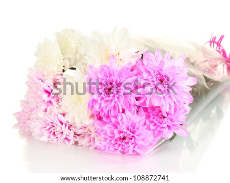 a bouquet of bright chrysanthemums on white background close-up