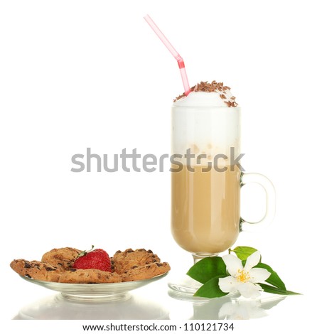 glass of coffee cocktail with cookies and strawberry on saucer and flowers isolated on white