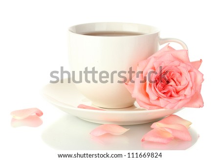 cup of tea with rose isolated on white