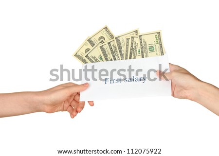 Woman\'s hand passes the envelope with the salary on white background