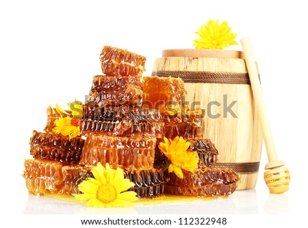 sweet honeycombs, barrel with honey and flowers, isolated on white