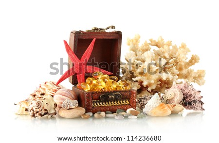 fish oil in the chest with shells and coral isolated on white