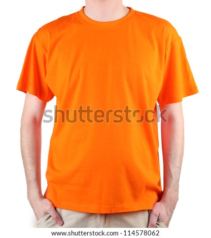 man in orange T-shirt close-up