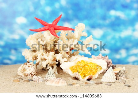 fish oil in the shell on a blue background. the idea of sea gifts