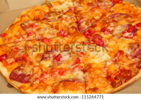 Tasty pizza in box close-up