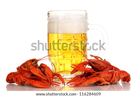 Tasty boiled crayfishes and beer isolated on white