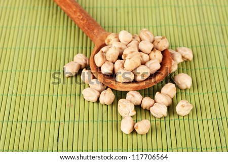 White chickpeas over  wooden spoon on color background