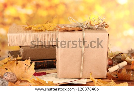 Autumnal composition with gift, books and leaves on bright background