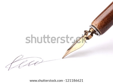 Closeup of signature (fake, not real) and ink pen, isolated on white