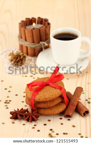 Cookies for Santa: Conceptual image of ginger cookies, milk and christmas decoration on light background