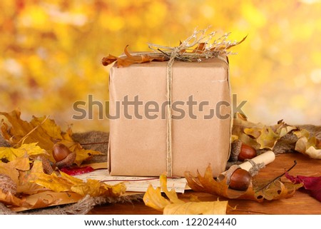 Autumnal composition with gift, books and leaves on bright background