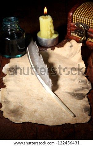 Old paper with ink pen near lighting candle on wooden table
