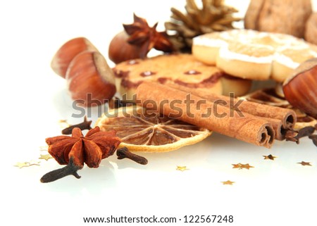composition of christmas spices, isolated on white