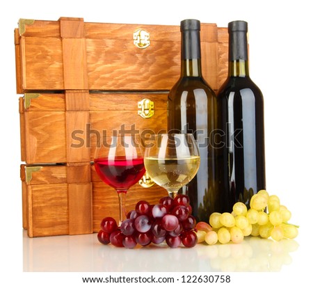 Wooden cases with wine bottles isolated on white
