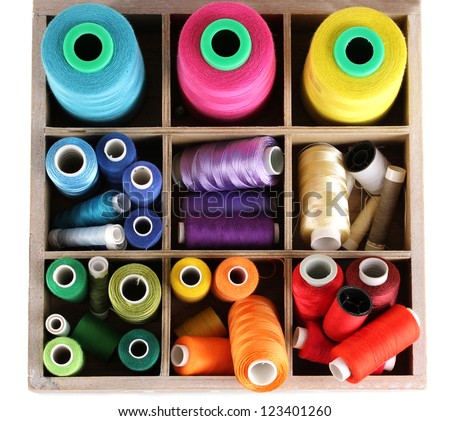 thread and material for handicrafts in box isolated on white