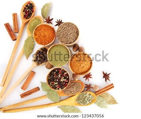 wooden bowls and spoons with spices isolated on white