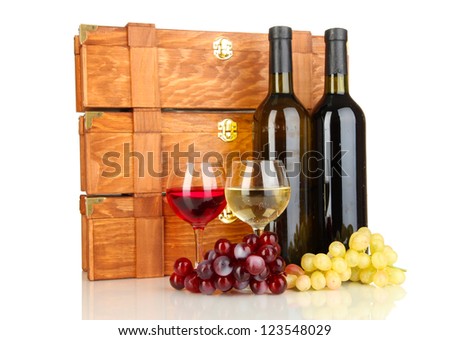 Wooden cases with wine bottles isolated on white