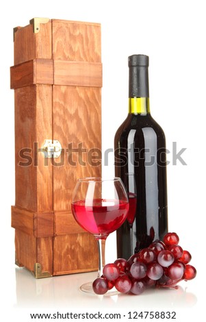 Wooden case with wine bottle isolated on white