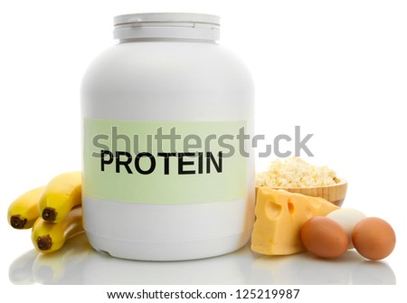 jar of protein powder and food with protein, isolated on white