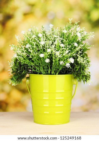 Decorative flowers in pot on bright background