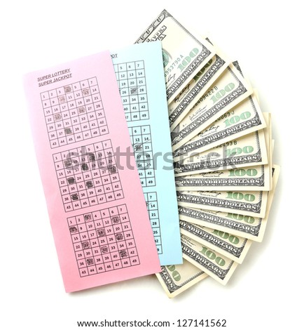 Lottery tickets and money, isolated on white