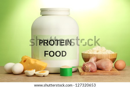 jar of protein powder and food with protein, on green background