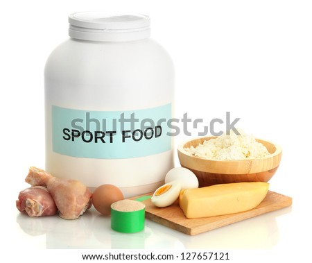 jar of protein powder and food with protein, isolated on white