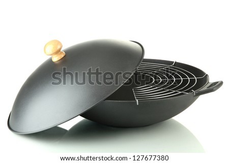 Black wok pan isolated on white